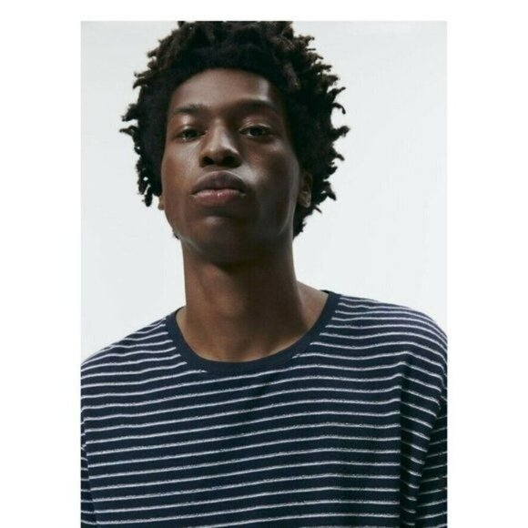 Zara MEN STRIPED ROUND NECK T-SHIRT NAVY/WHITE short s 90%cotton New - Picture 7 of 11